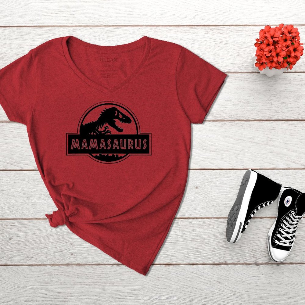 Custom Mamasaurus V Neck Shirt - Various Colors Mother’s Day